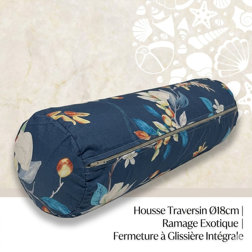 Traversin en faraoti Ø18cm + housse à fermeture à ramage